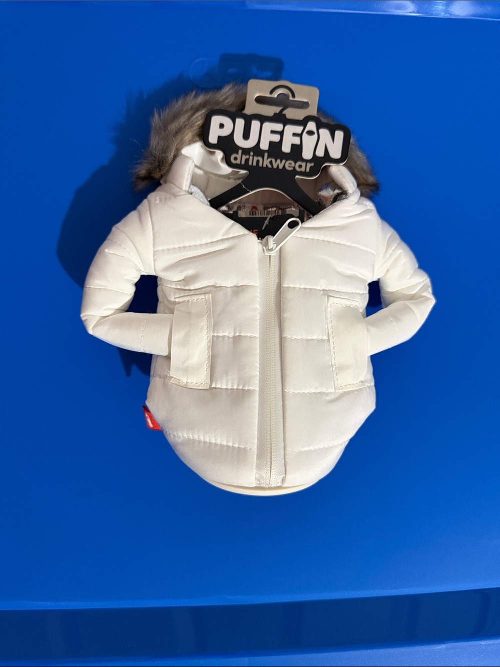 Drinkwear White Puffer Jacket can koozie   “The Pahka” for regular and tall cans